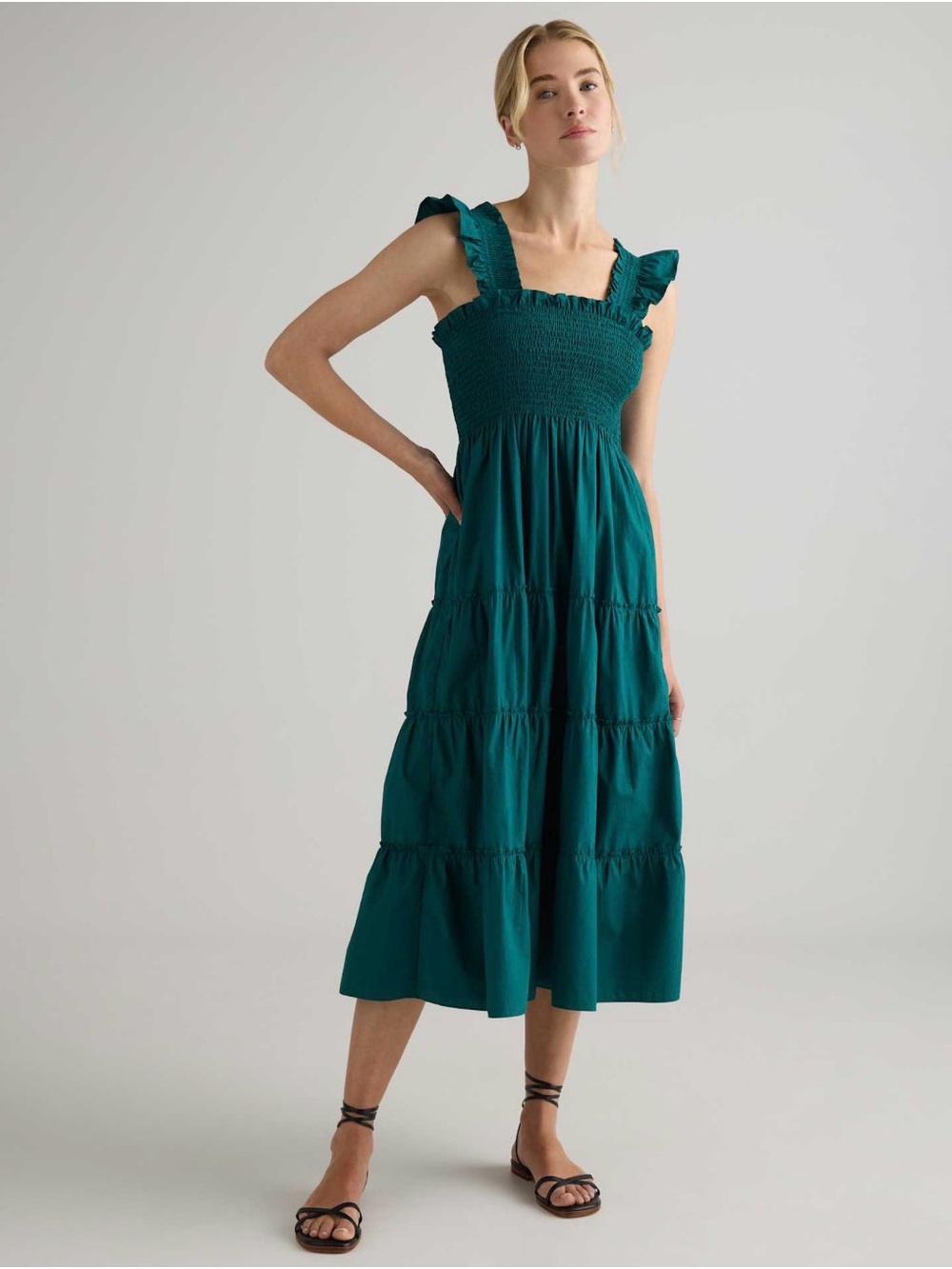 Quince Teal Smocked Poplin Midi Dress